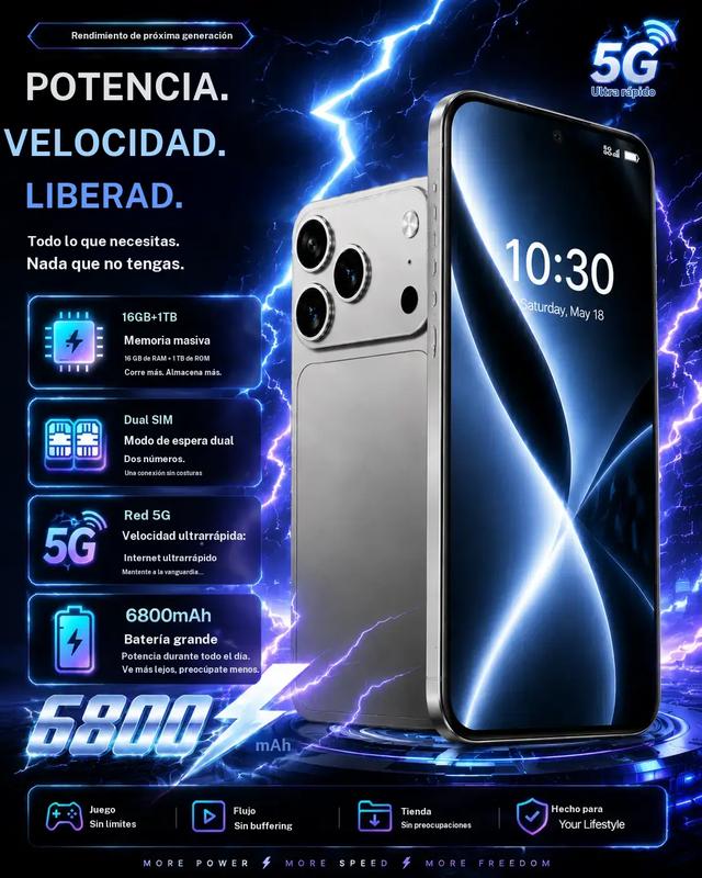 Promax, 5G, pantalla HD de 7,3 inch con Dynamic Island, cámara de 108 MP, batería de 8000 mAh, Dual SIM con doble espera, 16 GB + 1 TB de almacenaje, smartphone de diez núcleos.
