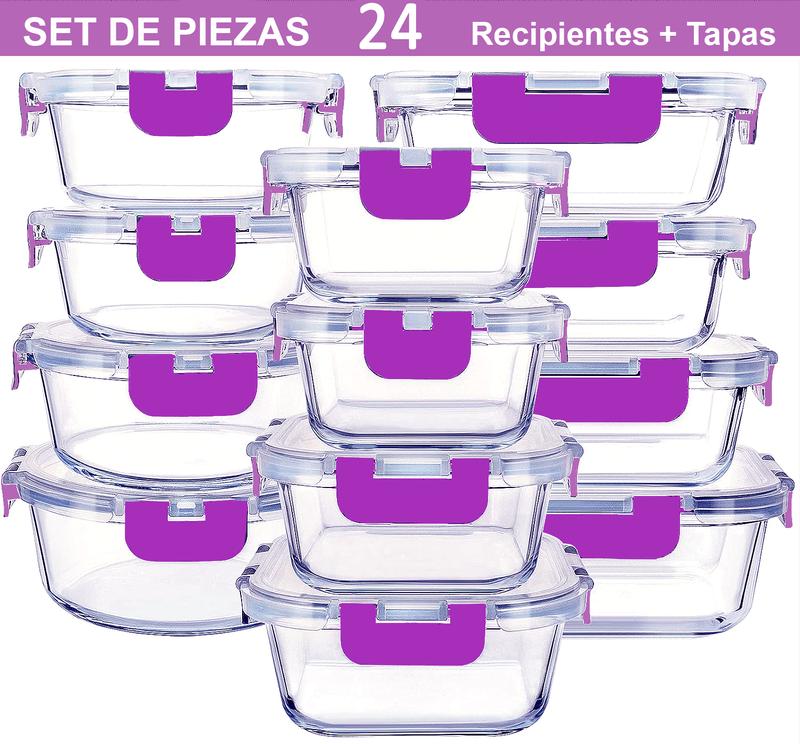 Recipientes De Vidrio Para Alimentos - Paquete De 12 Recipientes Herméticos Para Alimentos Con Tapas Transparentes - Aptos Para Lavavajillas Y Microondas, Sin BPA