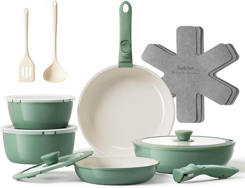 Redchef set de sartenes y ollas, 16 pzas, antiadherente de cerámica, con asas desmontables; sartén 20/26 cm, sartén profunda 26 cm, olla 18/20 cm; set de ollas apilable para todas las cocinas, apto para horno