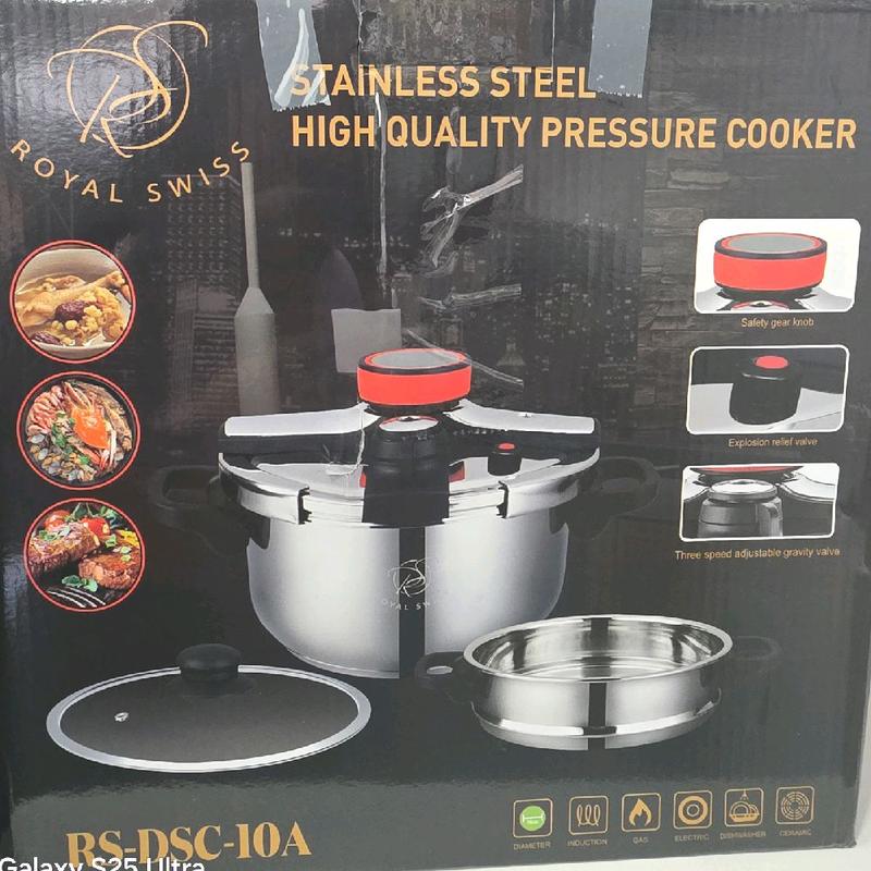 Royal Swiss Olla de Presión de Acero Inoxidable RS-DSC-10A Alta Calidad con Tapa Segura y Válvula de Seguridad