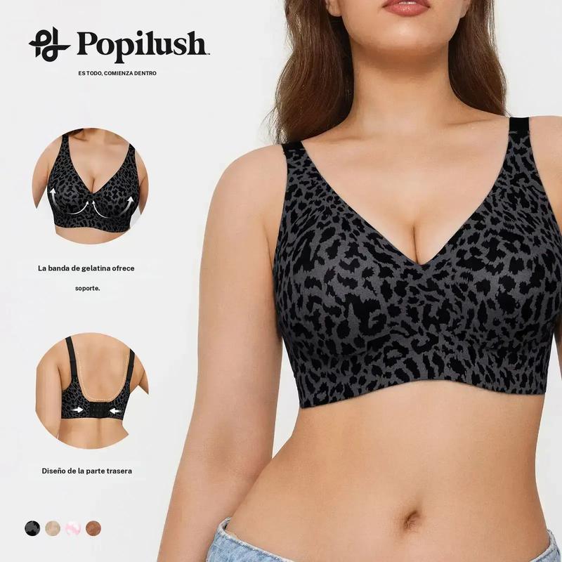 【Runs small】Popilush Sujetador Mujer Copa Jelly Sin Costuras Estampado Leopardo, Sujetador con Tirantes Ajustables, Tejido Suave Agradable con la Piel Alta Elasticidad, Ropa Interior Cómoda para Uso Diario, Sujetadores Informal Sujetadores