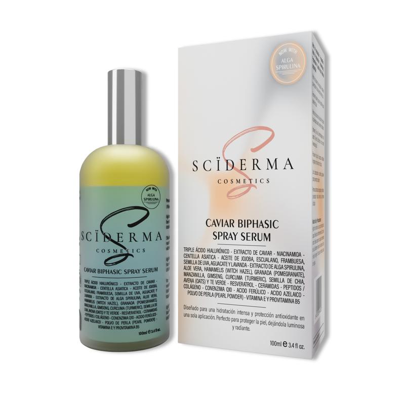 SCÏDERMA SPRAY SERUM ACIDO HILAURONICO | Caviar, Niacinamida, Péptidos, Ácido Azelaico y Ferúlico, Resveratrol, Triple Ácido Hialurónico, Ceramidas – BRUMA FACIAL HIDRATANTE ANTIOXIDANTE BIFÁSICO - 100 ml – No Grasa