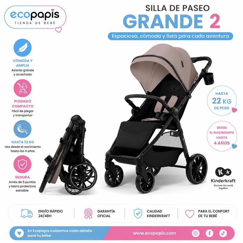 Silla de Paseo Kinderkraft Grande 2 | Todoterreno, Ruedas Grandes, Respaldo Reclinable, Plegado Fácil, hasta 22 kg