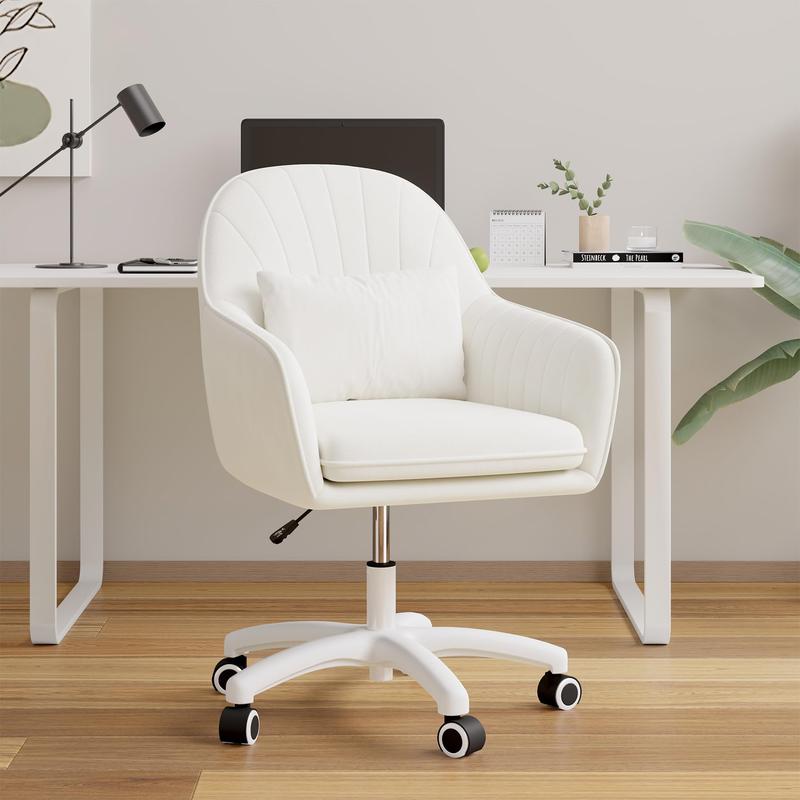 Silla giratoria para oficina en casa, silla de trabajo acolchada de terciopelo con ajuste de al., tocador con ruedas y cojín, silla de acento moderna con respaldo medio para dormitorio y sala de lectura, beige