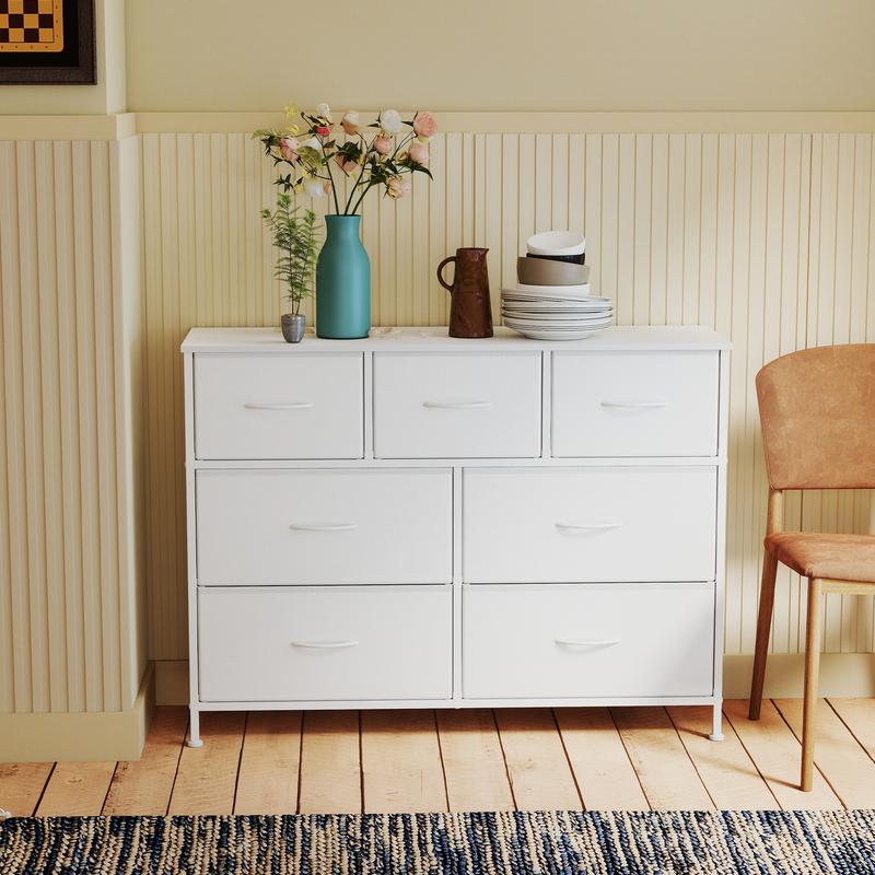 SONGMICS Cómoda, con 7 & 9 Cajones para Dormitorio, Mueble de Almacenaje, Acero, MDF, Tela no Tejida, para Dormitorio, Armario, Recibidor y Salón, Blanco Nube y Blanco Nieve