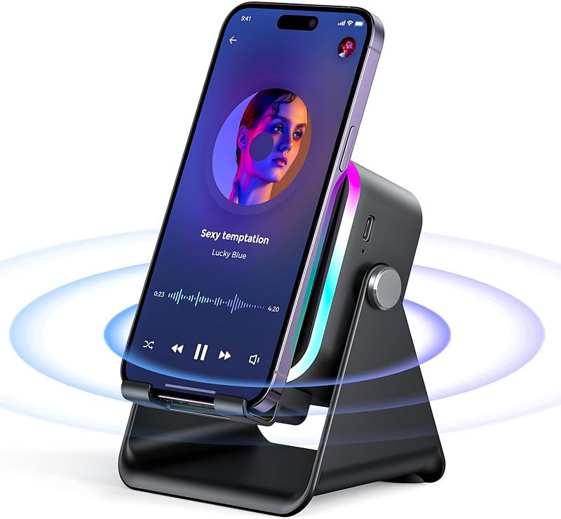 Soporte para Móvil 5 en 1 con Altavoz Inalámbrico por Inducción, Batería 3500mAh, Luz RGB, Ajustable 360°, Ideal para Regalo, Compatible con iPhone, Android, iPad