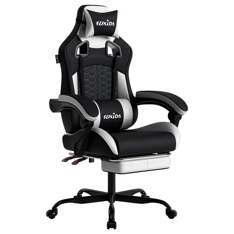 SUKIDA-silla de juegos para uso doméstico, cómoda silla ergonómica para sentarse durante mucho tiempo, equipada con con almohada Lumbar de espuma viscoelástica, silla de oficina giratoria de 360 grados