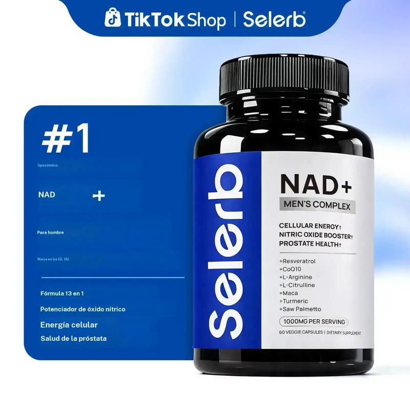 Suplemento alimenticio Selerb NAD+ para hombres con NAD+ liposomal, Coenzima Q10, L-carnitina, L-arginina, maca y ashwagandha. Apoyo a la energía, al flujo sanguíneo y a la próstata. 60 cápsulas.