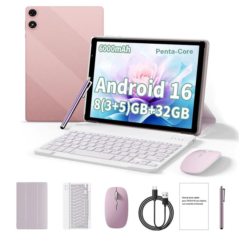 Tableta PRITOM de 10,1", Android 16, incluye teclado, ratón y funda protectora, 8 GB de RAM y 32 GB de almacenaje interno, batería grande de 6000 mAh. Rosa elegante, perfecta para estudiantes y empleados de oficina