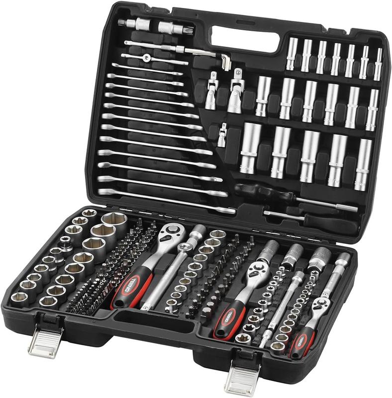 TEENO Caja de herramientas completa en estuche con llaves tipo dornillo de 1/4", 3/8" y 1/2", CR V, 216 pzas, estuche para llaves tipo dornillo y puntas con llave de clic, extensiones, herramienta mecánica para reparación de automóviles