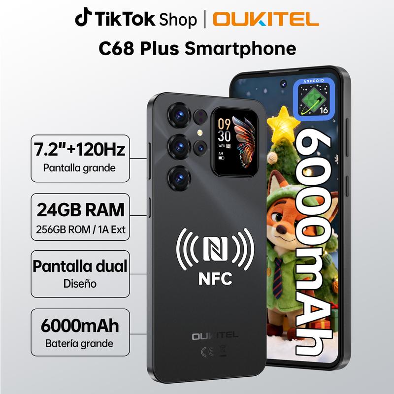 Teléfono móvil 2026 - OUKITEL C68 Plus Android 16，Pantalla trasera inteligente de 1.81"，24(8+16) GB + 256 GB/1 TB, Smartphone Octa Core, 7.2" HD+ 120Hz, Batería de 6000 mAh, 64 MP + 8 MP, Doble SIM 4G/GPS/NFC/huella dactilar/identificación facial.
