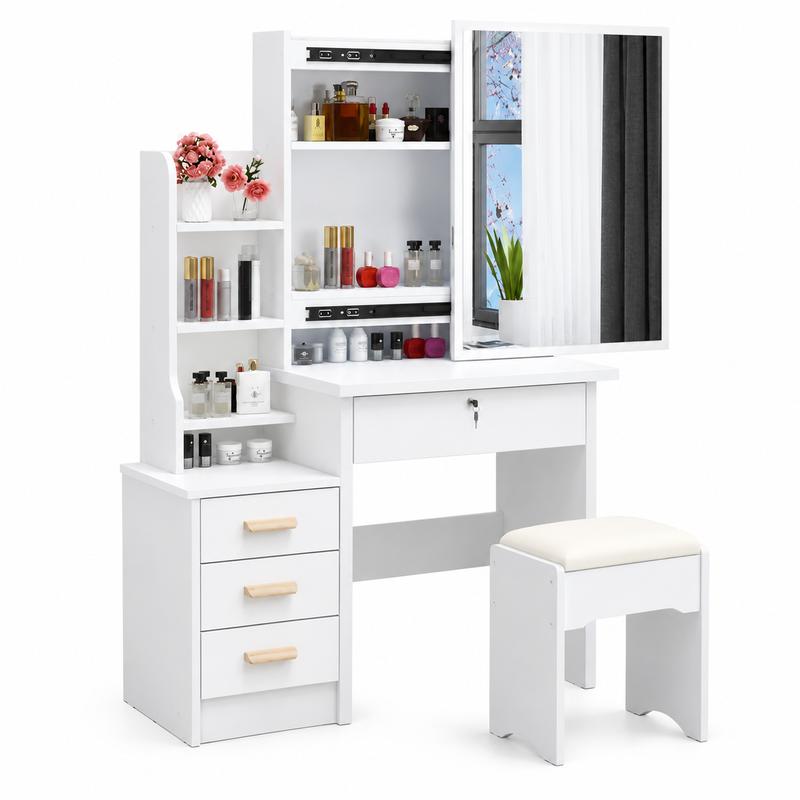 Tocador de maquillaje blanco con espejo y taburete – Mueble de tocador con cajones y estantes para cosméticos 80x36x131 cm