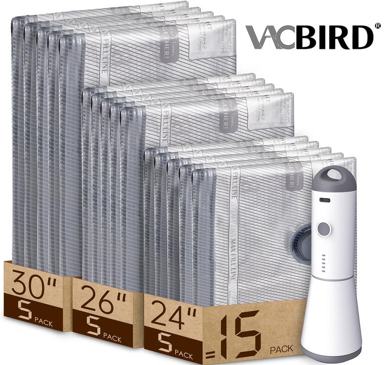 VACBIRD Set de Viaje X7: 15 Bolsas de Vacío para Ropa, Bolsas de Almacenamiento Reutilizables con Bomba Recargable USB‑C, Compresión Eficaz, Ahorro de Espacio, Organizador Ligero para Maleta, Ideal Vuelta al Cole