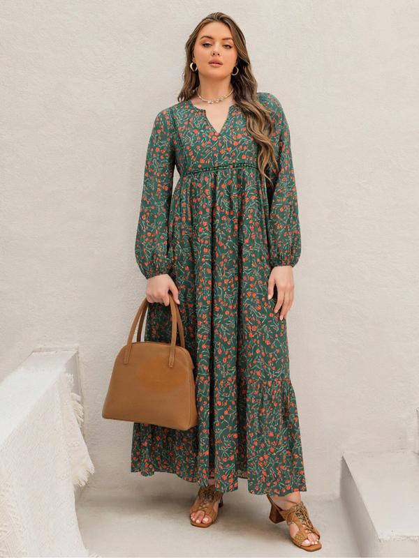 Vestido floral para mujer de talla grande, otoño/invierno, cuello en V con lazada trasera, mangas largas, vestido maxi con borde de encaje, estilo casual y elegante