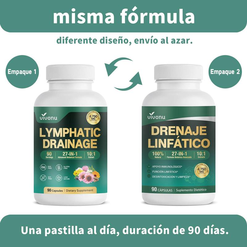 Vivonu Suplemento Vivonu para Drenaje Linfático, Extracto 10:1 27-en-1, 4750 mg por porción, 90 cápsulas, Soporte linfático para hombres y mujeres, Sin OGM, Sin gluten