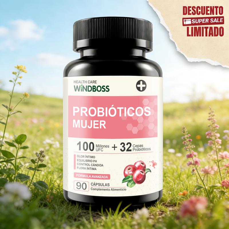Windboss Cápsulas Probióticas Women's Private Care - 32 Cepas - Con Extracto de Arándano, Prebióticos Orgánicos y Vitamina C- 90 Cápsulas