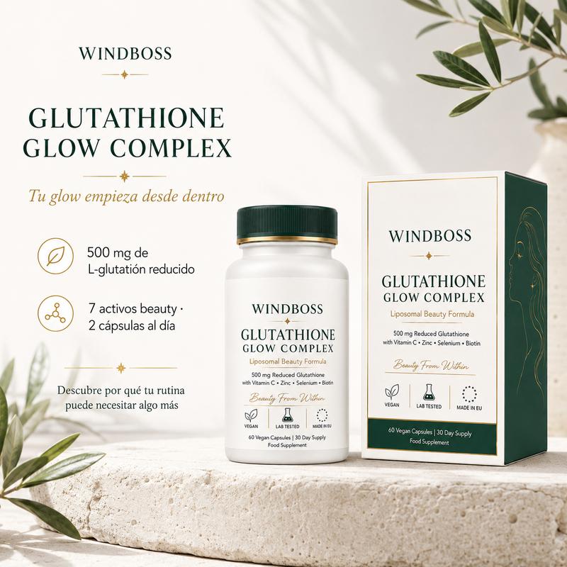 Windboss Glutathione Glow Complex 500 mg, Glutatión Reducido con Vitamina C, Zinc, Selenio y Biotina, 60 Cápsulas Veganas, 30 Días G01