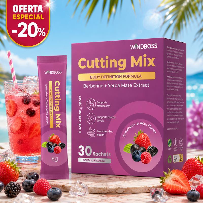 WINDBOSS Mezcla de Bebida Cutting Drink Mix – Berberina, Cromo, 5-HTP, Yerba Mate, FOS y Magnesio | Apoyo a la Sensación de Saciedad, Energía y Salud Digestiva | Sabor Fresa Açaí – 30 sobres