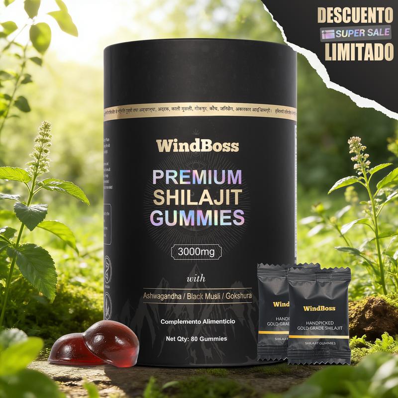 WindBoss Shilajit Himalayo en Gominolas – 80 gominolas con Ashwagandha, Gokshura – Con 85+ minerales traza y ácido fúlvico – Para hombres y mujeres – Envoltura individual