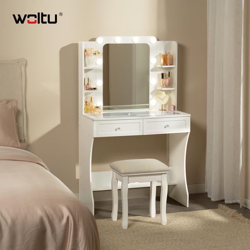 Woltu Tocador con 10 luces LED y espejo, tablero de cristal transparente, 6 compartimentos abiertos, para salón o dormitorio, moderno, blanco, 135 x 80 x 40 cm, MB6129ws