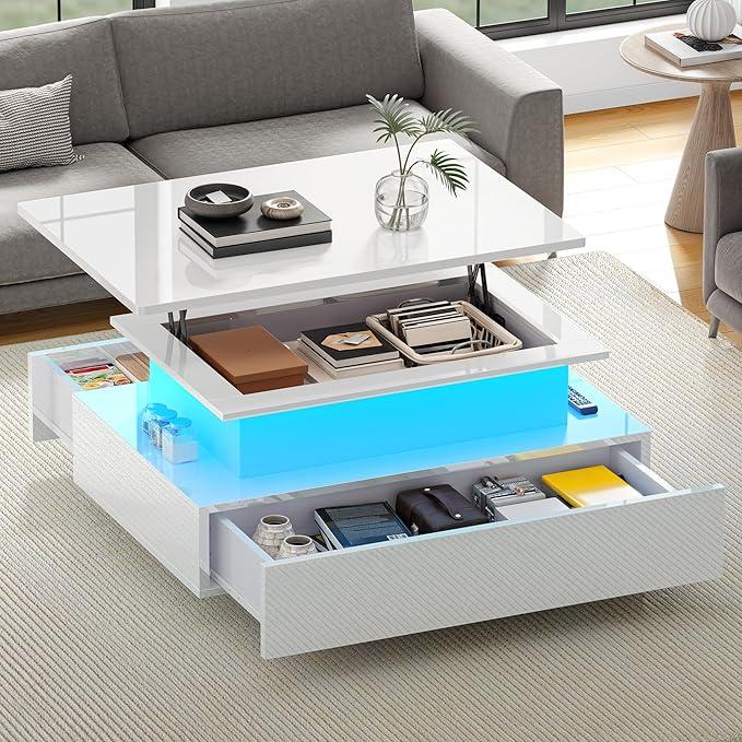 YIAGHOME mesa de centro de alto brillo con cajón, mesa de salón moderna y regulable en al. con 16 LEDs de 16 colores, mesa de sofá para el salón