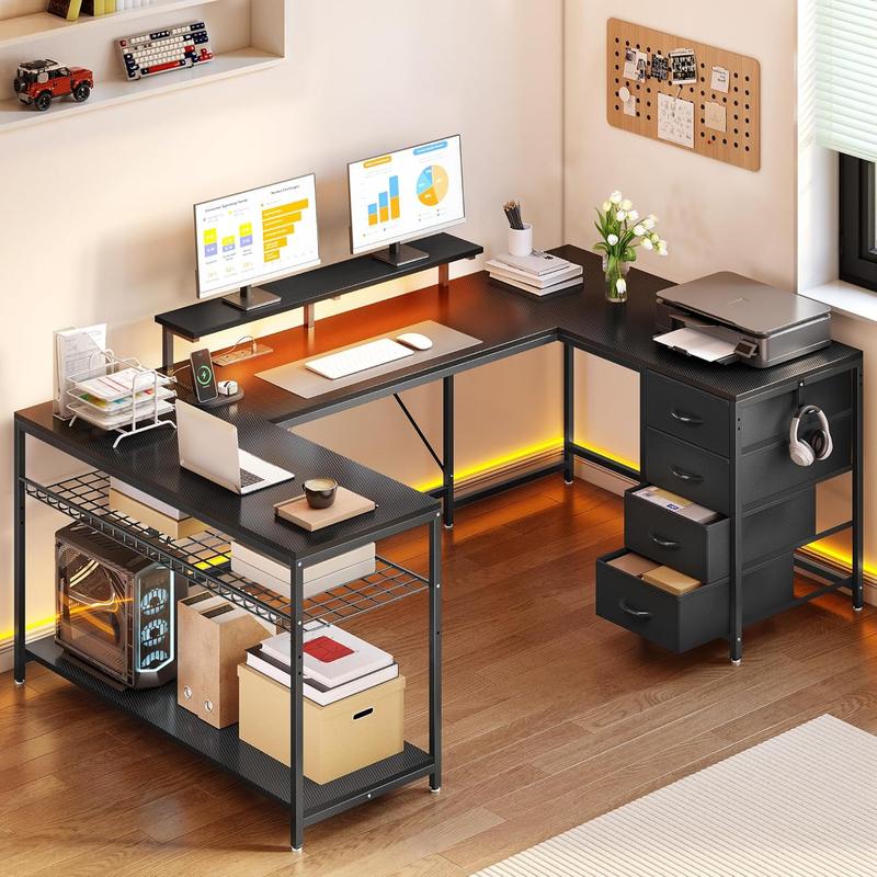 YITAHOME escritorio de esquina con cajones y espacio de almacenaje, mesa para juegos con LED y soporte para monitor, para oficina en casa, escritorio gaming reversible con enchufes y puertos, 158x100 cm, negro