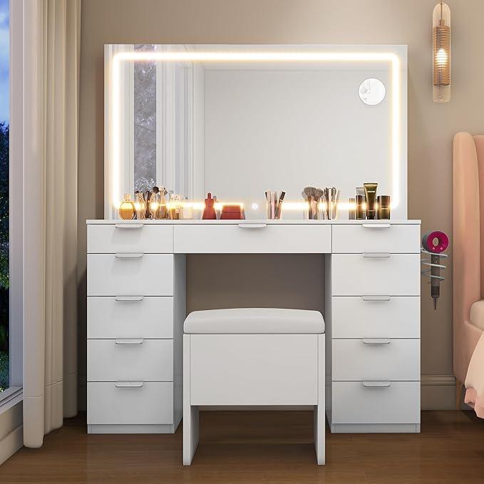 YITAHOME tocador grande con iluminación LED regulable y enchufes, tocador con espejo, tocador con 11 cajones con taburete, blanco
