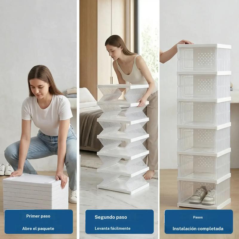 Zapatero que ahorra espacio plegable. Estante de plástico organizador para zapatos para entrada, armario y pasillo. Cajas apilables para zapatos con compartimento. (x 6 compartimentos)