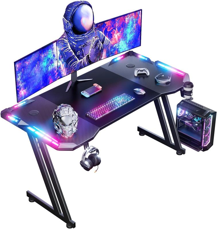 ZZ Gaming mesa de gaming 120 x 60 cm con LED, superficie de fibra de carbono, escritorio para computadora estable para gaming con gancho para auriculares y portavasos, negro
